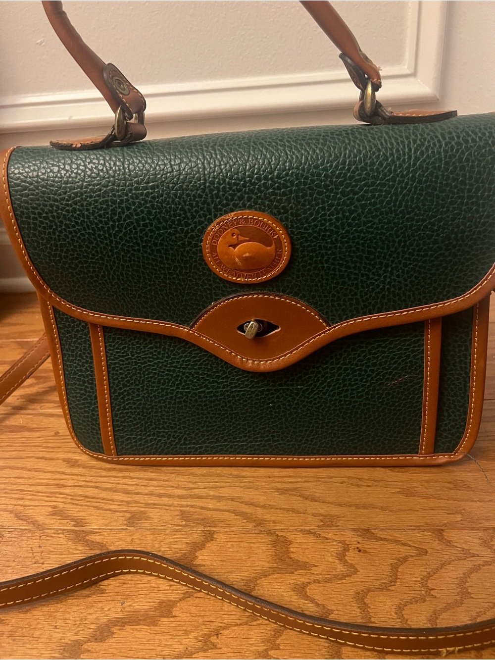 Dooney & Bourke Dark Green Pebbled Leather Satchel with Tan Trim